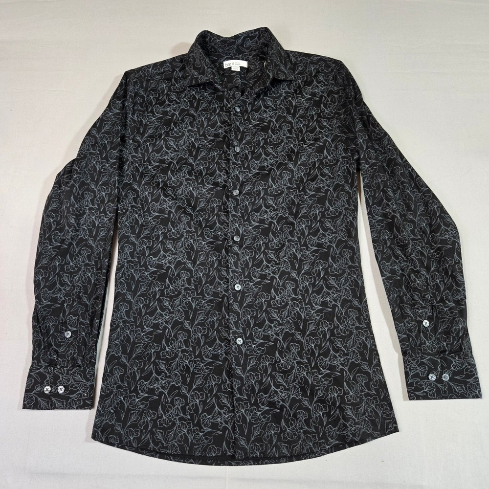 Bar III Men's Slim Fit Long Sleeve Button Down Black with White/Gray Floral Sz S